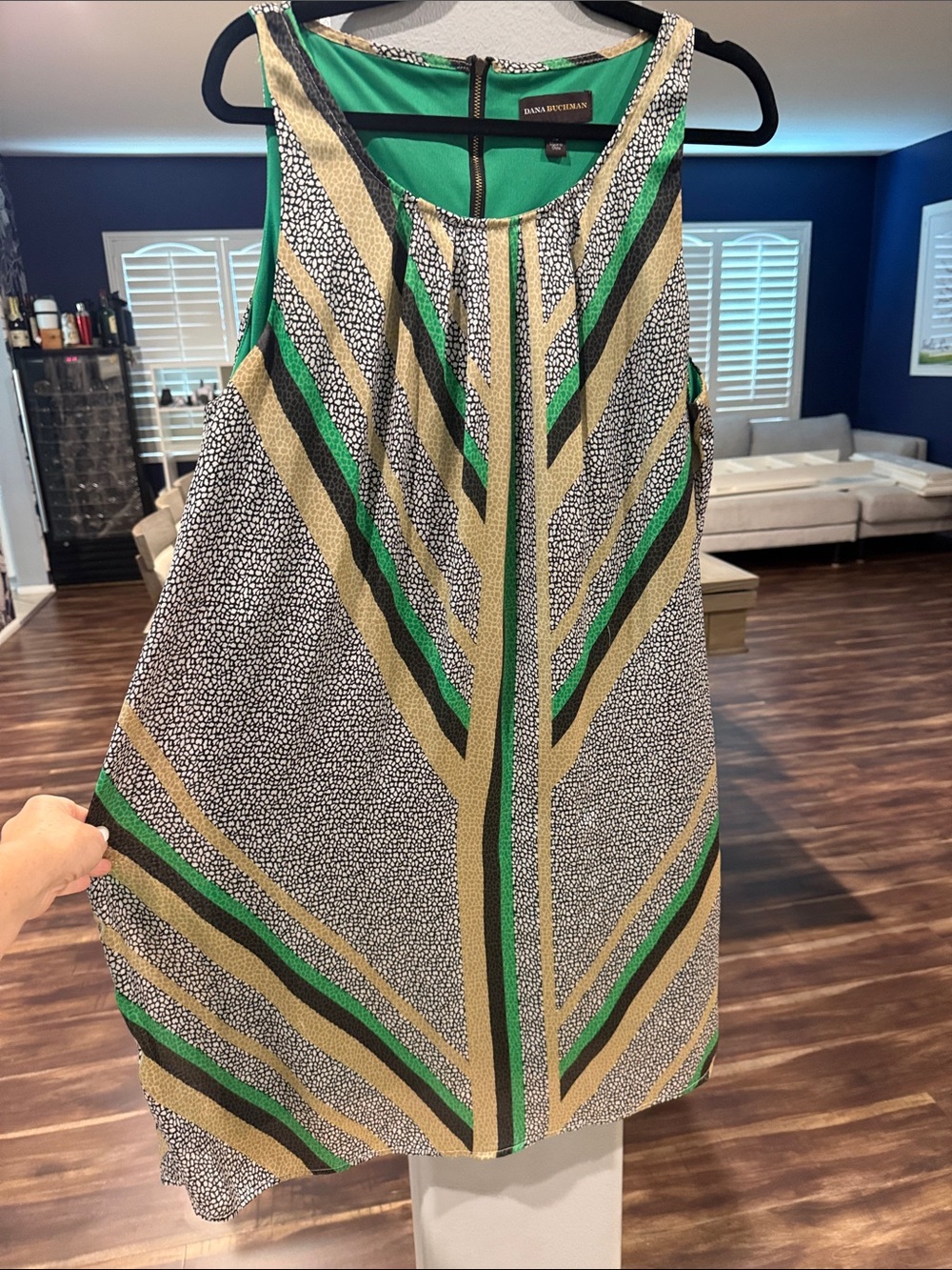 Dana Buchman Green, Gold and Black Patterned Sleeveless Midi Dress